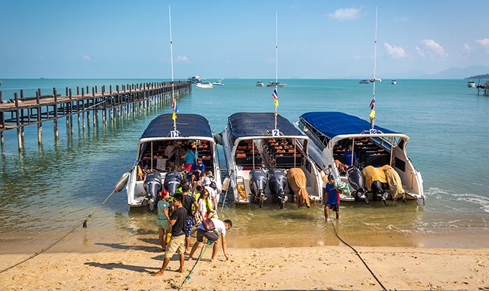 Auf Koh Tao warten Schnellboote auf Koh Samui auf Passagiere