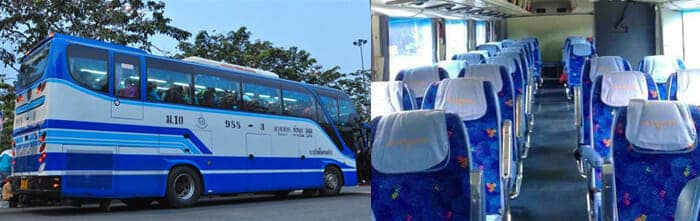 Außen- und Innenansicht eines modernen Expressbusses in Thailand mit 2+2 Sitzplätzen hintereinander.